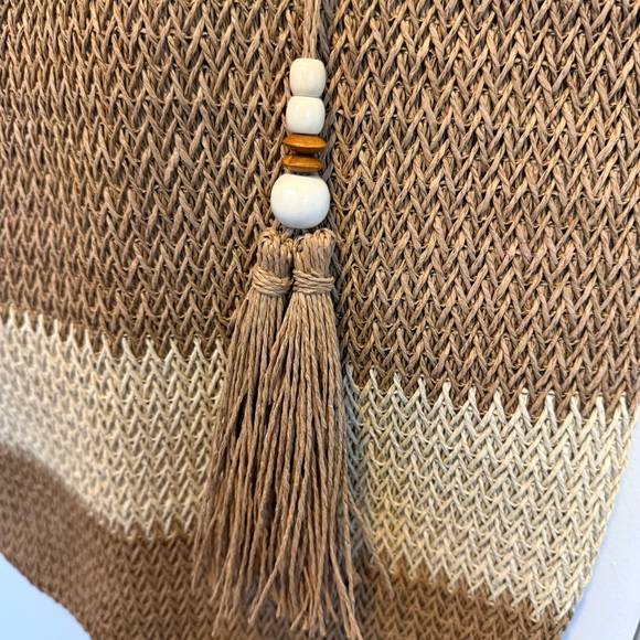 Woven Straw Two-Tone Tassel Tote Bag - Brown & Cream - Picture 3 of 4